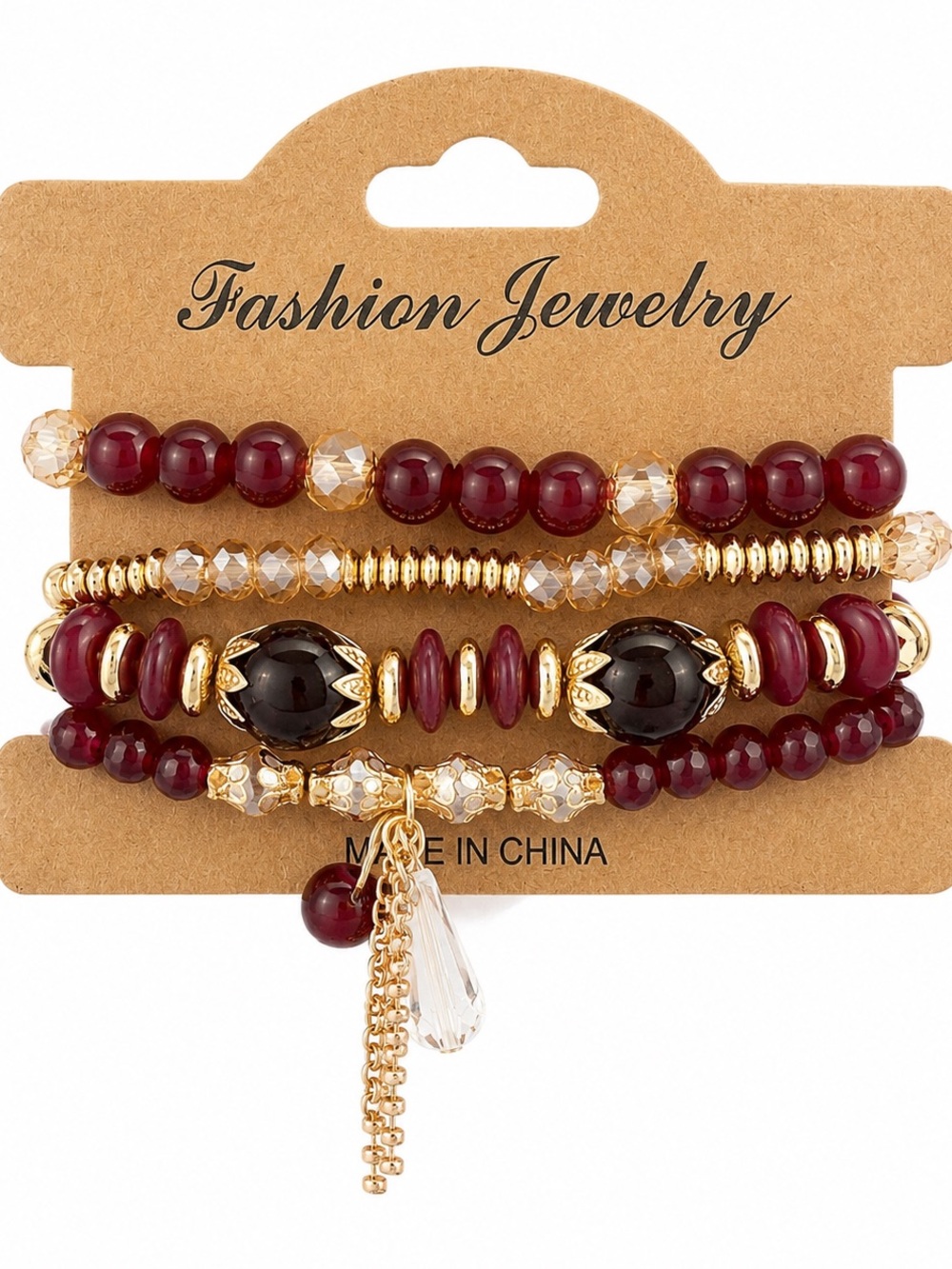 Burgundy Gold Beaded Bracelet Stack Crystal Charm Stretch Boho Layered Set NWT